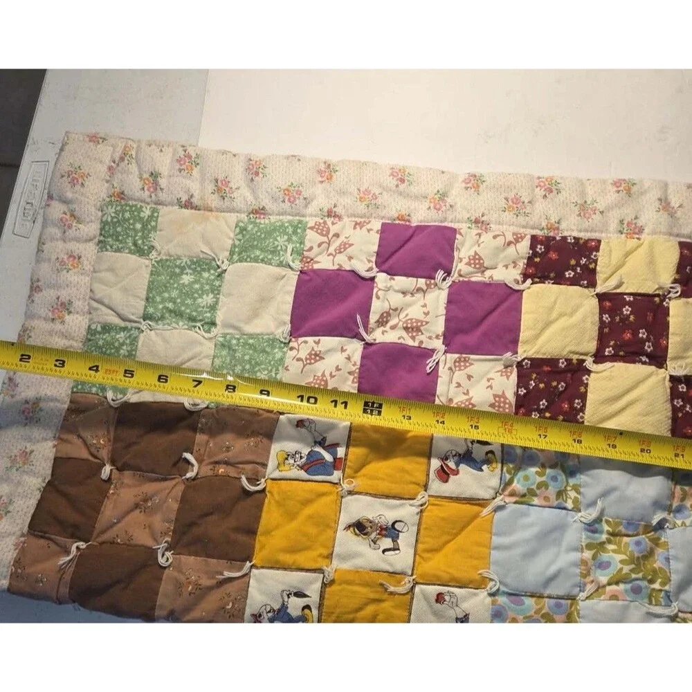 Vintage 1970’s handmade Patchwork quilt-Mod fabric squares Disney-White Backing